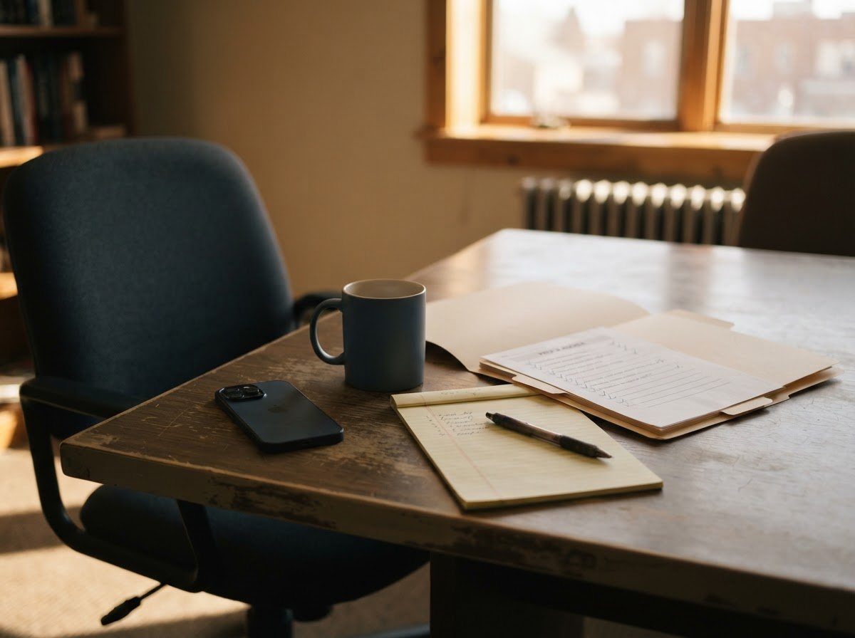 Corner of a plain office table set for a first conversation: an open folder with tabbed dividers, a ticked printed checklist